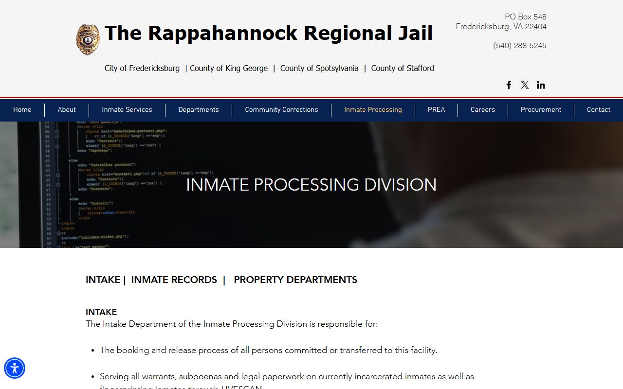 Stafford County jail inmate records intake processing