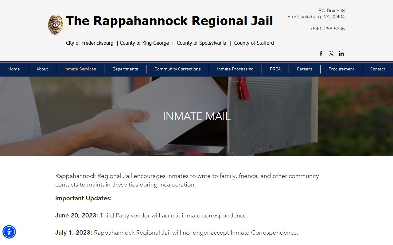 Rappahannock Regional Jail Stafford County mail rules